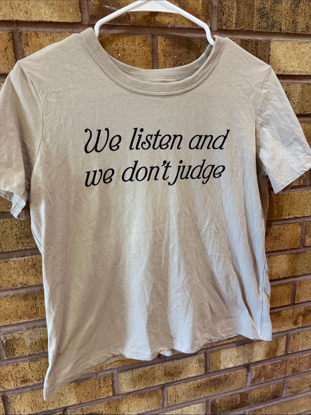 Beige Graphic Short-Sleeve Tee - "We listen and we don't judge"